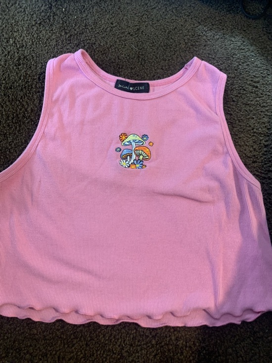 Social Scene Tops - Social Scene Pink Ribbed Embroidered Mushroom Crop Tank